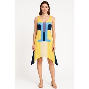 Beth Bowley Yellow Blue Mod Silk Retro Colorblock Asymmetrical Dress Womens S